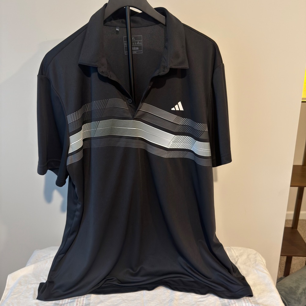 Adidas Mens 2XL Black Golf Polo Shirt Short Sleeve Graphic Stripe Performance